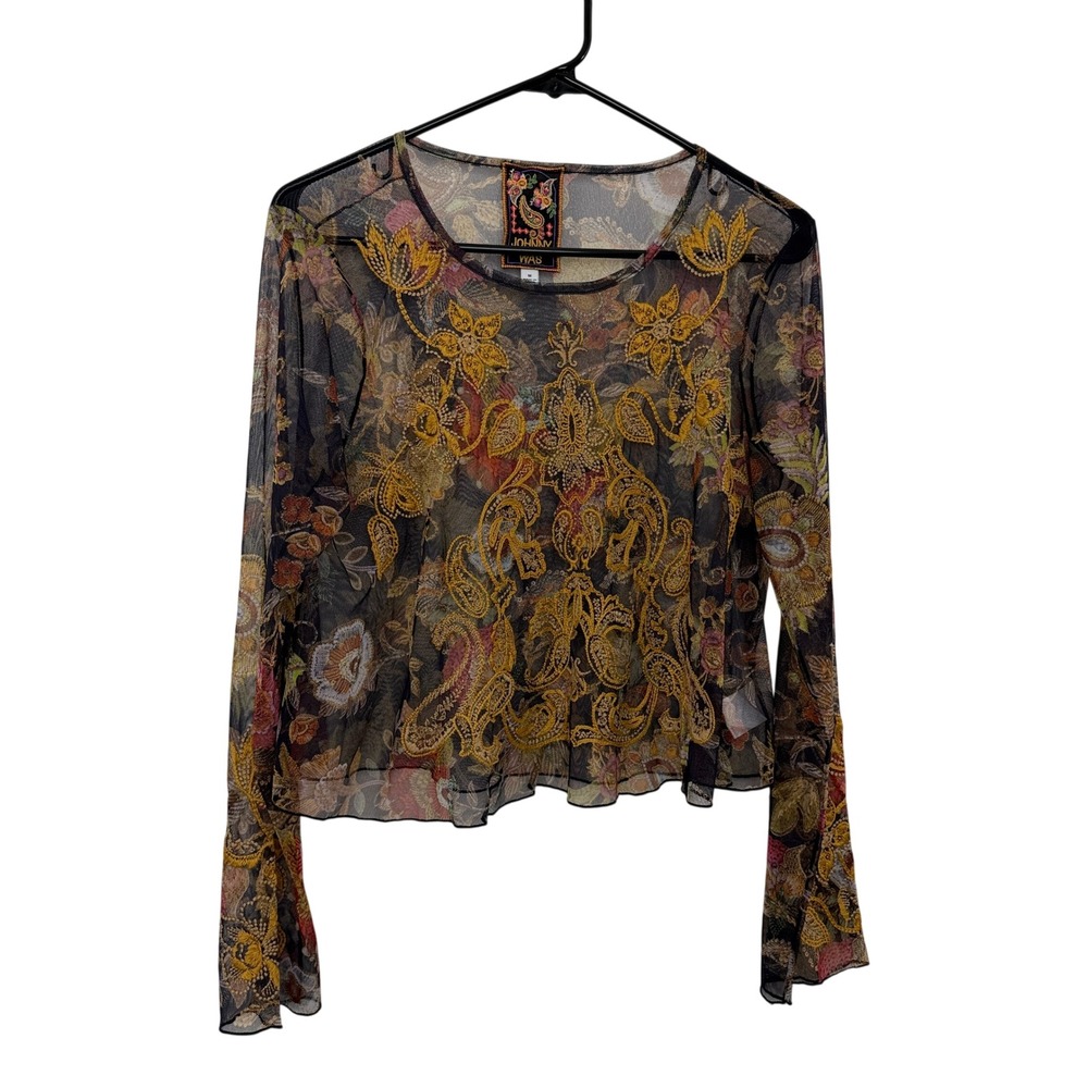 Johnny Was Top Womens Size Medium Black Mesh Floral Embroidered Francisca Sheer
